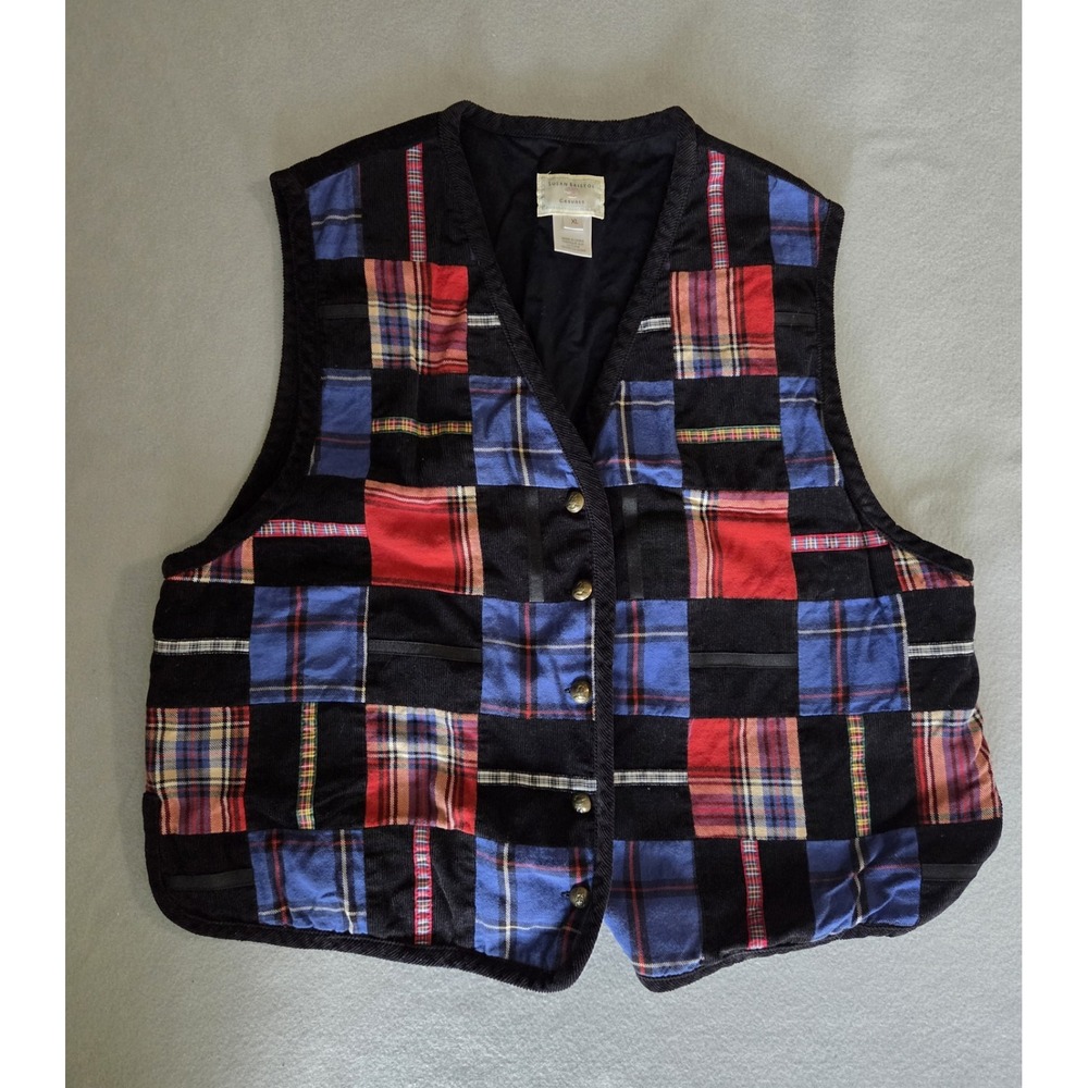 VTG Susan Bristol Vest Womens XL Plaid Patchwork Quilted Patchwork 90s Cordoroy
